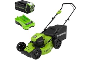 Greenworks 40V Tondeuse à Gazon sans Fil GD40LM46HPK4, Coupe de 46cm, Moteur sans balais, Sac à Herbe 55 L, 7 hauteurs réglables, avec Batterie 4Ah et Chargeur