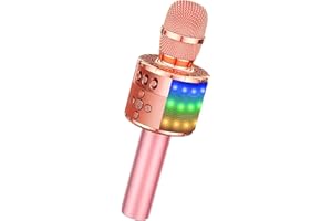 BONAOK Kabelloses Mikrofon, Karaoke-Mikrofon, Kinder, Bluetooth, Recorder, tragbar, LED-Lichter, bunt, für Familien-Party, für Android-/iOS-Geräte, Rosa