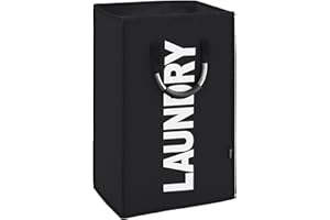 Caroeas 50L Collapsible Laundry Basket, Foldable Waterproof Washing Basket with Handles, Slim Laundry Bin for Laundry Room Bedroom (Black)