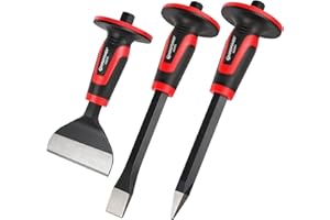 MAXPOWER Burin 3 Pièces, Burin de Maçon Plat 300mm,Burin de Maçon Pointu 300mm,Burin de Maçon ​Plat 220mm Professionnel- Poignée Bi Matière Pour Plus De Confort - Protège Main