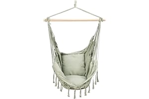 GEEZY Hammock Swing Chair – Indoor & Outdoor Green Hanging Chair with Wooden Spreader Bar, Comfortable Cushioned Seat, Cotton Blend Fabric – Sensory Swing for Living Room, Bedroom, Garden & Patio