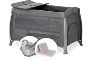Hauck Play n Relax Cuna de Viaje Bebe con Colchon y Mosquitera, Parque Cuna Bebe con Colchon Dos Alturas y Cambiador, Parque Bebe con Ruedas y Bolsa Gris Melange