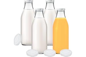 mikken Viva Lot de 4 bouteilles en verre avec 8 couvercles Blanc 1000 ml Avec étiquettes