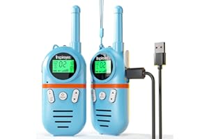 Inspireyes Walkie Talkie Niños Recargable, 48 Horas de Tiempo de Trabajo, 3 kilómetros de Largo Alcance, Regalos de Cumpleaños, Juguetes al Aire Libre para niños de 3 a 12 años, Paquete de 2