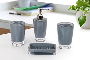 Fingey Modern Design 4 Piece Bathroom Accessory Set, Soap Dish, Tooth Brush Holder, Soap Dispenser, Rinse Cup (Grey)