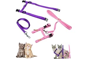Morices 2 Pack Cat Harness and Leash, Adjustable Comfortable Nylon Pet Strap Collar with Leash, Escape Proof Safety Rope Leads Chest Strap for Kitten Puppy Rabbits Walking Training (Pink & Purple)