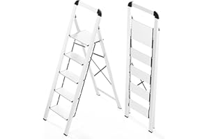KINGRACK Escabeau 5 Marches Pliable en Aluminium Léger, Marche Pied Pliant avec Pédales Antidérapantes, Main Courante, Échelle pour Maison Cuisine Bureau, Gain de Place, Charge Maximale 150 kg Argenté