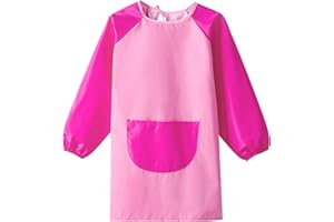 Greyoe Delantal Pintura Infantil, Bata Plastico Niños Batas Pintura,Delantal Impermeable para Niños con Mangas y Bolsillos para Pintar Cocina Manualidades Arcilla, Niños 6-9 años, XL