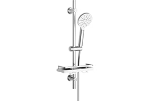 Görbach Ensemble de douche avec Étagère Douche, Barre de douche en acier inoxydable de 70 cm Colonne Douche avec Douchette à main 3 Jets et Tuyau pour Salle de Bain, Rond, Chromée