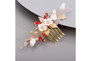 Chargances Wedding White Flower Hair Comb Bridal Rhinestone Leaf Crystal Hair Side Comb Red Handmade Headpiece Hair Accessories for Women and Girls (Red)