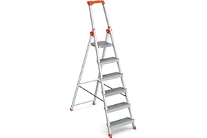 SONGMICS Step Ladder, 6-Step Aluminium Ladder with 12 cm Deep Steps, Foldable with Tool Tray and Anti-Slip Feet, Max. Static Load 150 kg, Silver and Orange GLT006E11