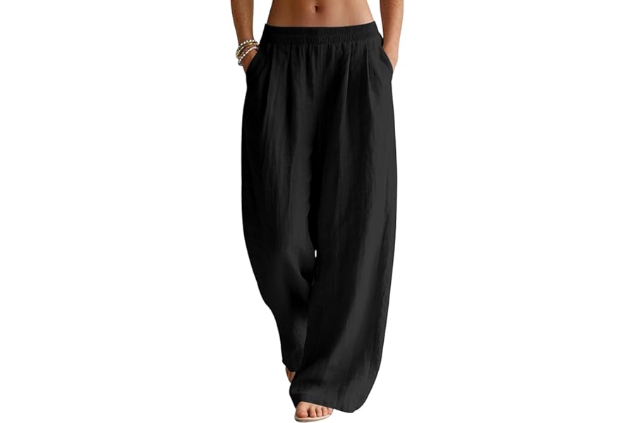 Rapbin Linen Trousers Womens Wide Leg Pants Ladies Summer Casual Elasticated Trousers with Pockets