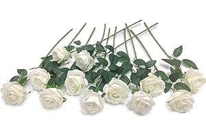 Laelfe 12 Pcs White Artificial Roses, 21in Realistic Single Long Stem Silk Flowers Fake White Rose Bridal Bouquet for Wedding Home Party Arrangment Hotel Garden Decoration