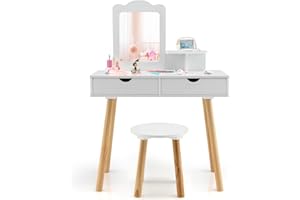 ‎COSTWAY COSTWAY Kinder Schminktisch Set, 2 in 1 Frisiertisch Schreibtisch & Hocker mit abnehmbarem Spiegel, 2 Schubladen, Kamm, Schminkkommode Holz für Mädchen im Alter von 3-7 Jahren