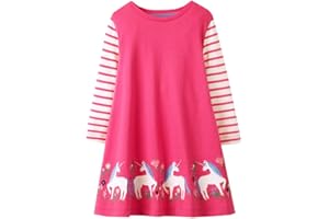 VIKITA Robe Enfant Broderie Appliquée Animal Coton T-Shirt Jerseyrobe Enfant Fille 1-8 Ans