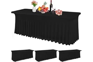 TERUNTRUE 3 Packungen Spandex-Tischröcke für rechteckige Tische, 2,4 m, Schwarze Stretch-Tischdecke, Tischdecke, knitterfeste Stoff-Tischdecke mit Rock, Spandex-Tischrock für Bankette, Messen