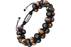 Murtoo Bracciale Uomo Acciaio Inox Spazzolato Pietre Occhio Di Tigre Vera Lavica - Braccialetto Sfere Pietre Naturali - Grandezza Regolabile - Idea Regalo