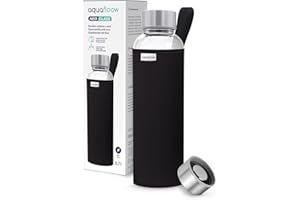 Aquafloow Borraccia con Custodia 700 ml, in Vetro borraccia acqua Borosilicato Trasparente con Coperchio Protettivo e Tappo a Vite, Ideale per Lavoro, Scuola, Fitnes – Noir