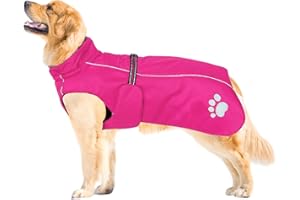 MOREZI Giacca impermeabile per cani, tessuto esterno impermeabile, fodera in pile, bordino riflettente e cintura in vita regolabile, adatta a cani di taglia media e grande-Rosa-S