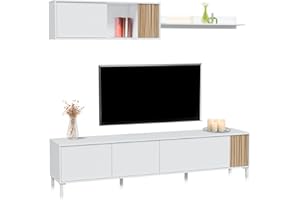 duehome | Conjunto de Salon, Mueble de TV, Modulos de Comedor, Modelo Nitza, Acabado en Blanco Artik y Natur, Medidas: 200 cm (Largo) x 40 cm (Fondo) x 47 cm (Alto)