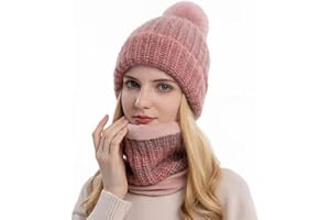 Adicloz Bonnet Echarpe Femme Hiver, Laine Bonnet Femme Hiver Pompom, Cache Cou Polaire Hiver Chaud, Doublure Molleton Doux Chapeau et Foulard Chic pour Hiver Cadeau