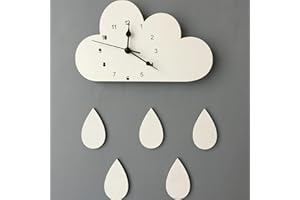 SWECOMZE Kinder Wanduhr Wolken, Uhr ohne Tickgeräusche, Kinderuhr für Kinderzimmer, Lautlos Uhrwerk, Cute Kreativität Kinderuhr Dekoriertes Kinderzimmer Wohnzimmer (Weiß Wolken + weiß Regentropfen)