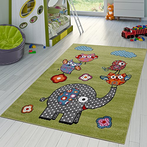 Kinderteppiche Spielende Zoo Tiere Eulen Elefanten Kurzflor Grün Grau Fuchsia , Größe:80x150 cm