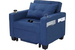 DURASPACE Navy Blue Grey Linen Modern Recliner Adjustable Backrest Armchair Sleeper Chair Bed With USB Port, Cup Holder, Side Pockets, Bottom Storage Basket For Home Living Room