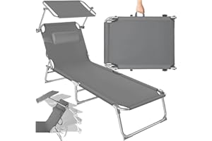 TecTake® Chaise Longue Pliante Bain de Soleil Jardin Exterieur avec Pare Soleil & Appuie-tête Chaise Longue inclinable Transat de Plage Relax Camping Salon de Jardin Exterieur - Gris