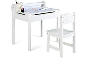Maxmass Kids Table and Chair Set, Children Lift-top Art Desk with Paper Roller, Hidden Storage Space & Pen Slot, Toddler Wooden Activity Table Set for Drawing, Studying (White)