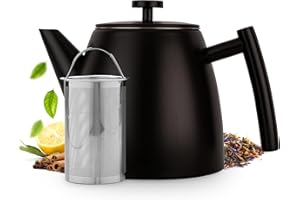 Vaja Trends Théière, 1L Noire Mat à Double Paroi en Acier Inoxydable Théière avec Infuseur et Réchaud, Machine à Thé