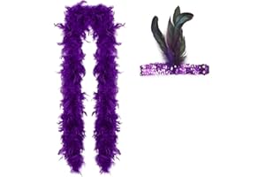 NHQZ NHQ Federboa,20s kostüm damen,2 Stück 1920 Kostüm Damen Zubehör Set mit Federstirnband,Flauschige Federboa,Feder Boas Zubehör,für Hochzeit Ankleiden Party,Karneval,Halloween,Violett