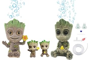 Huike Baby Groot Lot de 4 pierres à bulles décoratives pour aquarium avec tuyau et valves de commande