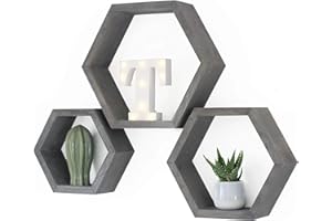 GIO ARREDA Set di 3 mensole da muro esagonali, legno, design, da parete, scaffale a muro, libreria da muro. (Grigio)