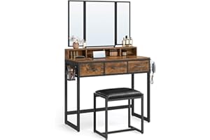 VASAGLE Dressing Table with Mirror and Stool, Vanity Table with Tri-Fold Mirror, 3 Drawers, Hair Dryer Holder, Makeup Desk, Industrial Style, Rustic Brown and Black RVT004B01