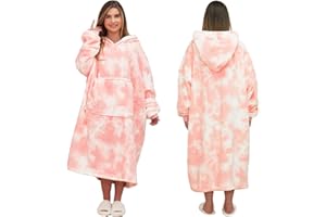 Dreamscene Extra-Long Tie Dye Oversized Snuggle Hoodie Blanket Sweatshirt Soft Sherpa Fleece Throw Cosy Wearable Hooded Blanket Big Jumper Adults Kids Men Women One Size - Blush Pink