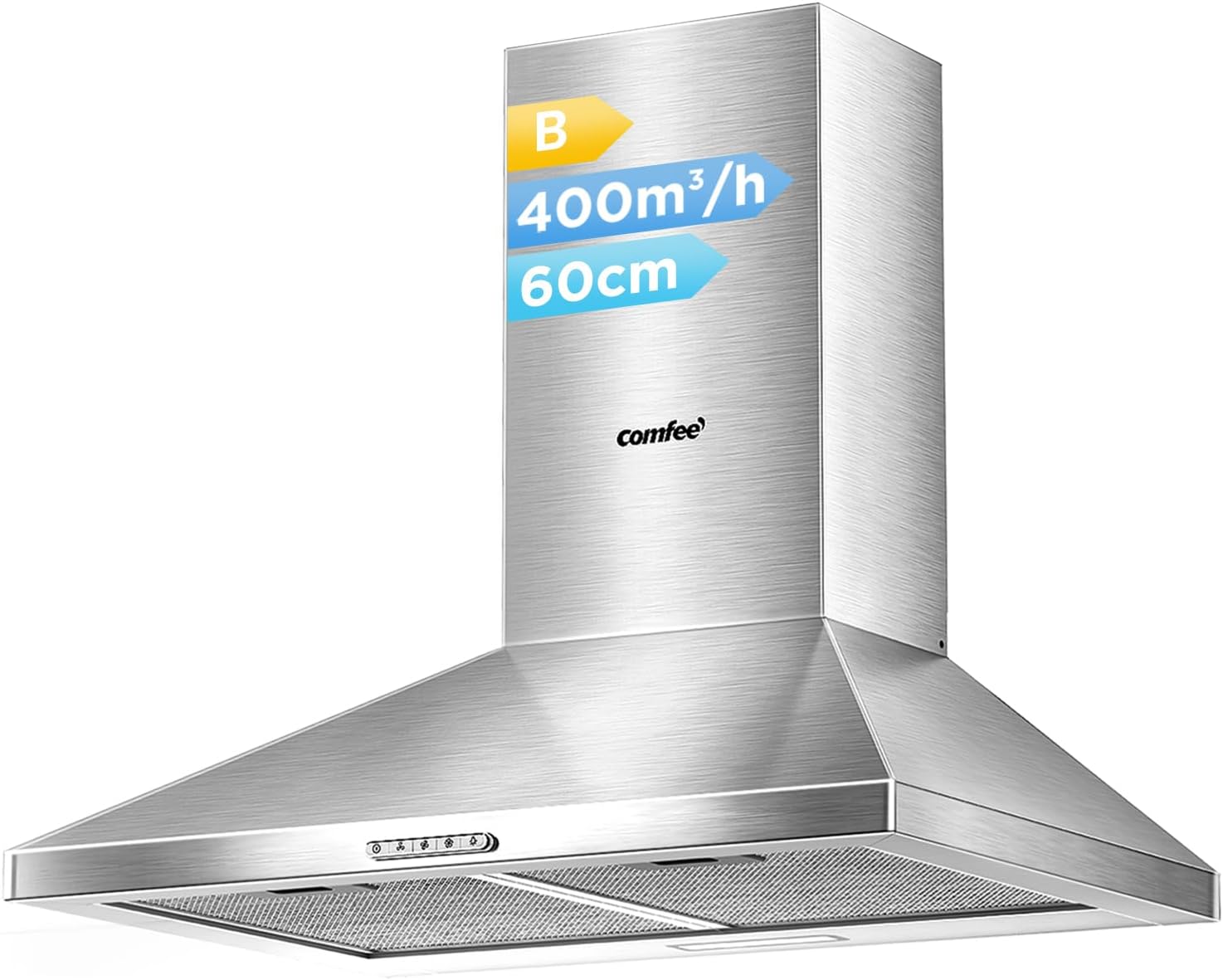 COMFEE' 60 cm Chimney Cooker Hood Stainless Steel Extractor Hood with LED and Recirculating & Ducting System Wall Mounted Range Hood 600 mm Extractor Fan - Silver KWH-PYRA17SS-60