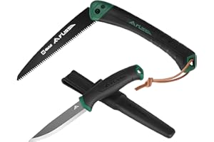 FLISSA Coltello a Lama Fissa & Sega a Mano Pieghevole Set, Coltello da Caccia da Campeggio con Fodero 105mm, Sega da Potatura Pieghevole 180mm per esterni, campeggio, giardino