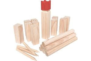 Wellgro - Juego de 22 piezas para 2 – 12 jugadores, madera maciza, rey rojo, incluye instrucciones de juego y bolsa de red