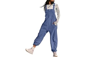 AHAKLO Jumpsuit Damen Sommer Lang overall mit Taschen, Verstellbare Schnallenriemen Garten Latzhose Arbeitshose Ärmellos Loose Fit Trägerhose Straight Leg Leichte Sommerhose