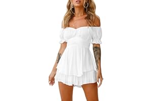 HZPHQY Women Puff Sleeve Off Shoulder Mini Dress Square Neck Ruffled A Line Flowy Swing Beach Dress Summer Smocked Sundress