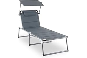 blumfeldt Amalfi - Tumbona Plegable, Hamaca con Parasol, Respaldo reclinable, Relleno de Goma Espuma, Cojín para la Cabeza, Superficie Acolchada, Resistente al Clima Exterior, Gris