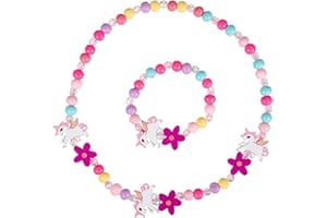 Amosfun Holzperlen Einhorn Schmuckset FüR Kinder, Bunte Halskette Und Armband, Kreatives Einhorn Präsent FüR MäDchen, Ideal FüR Geburtstag Und Party