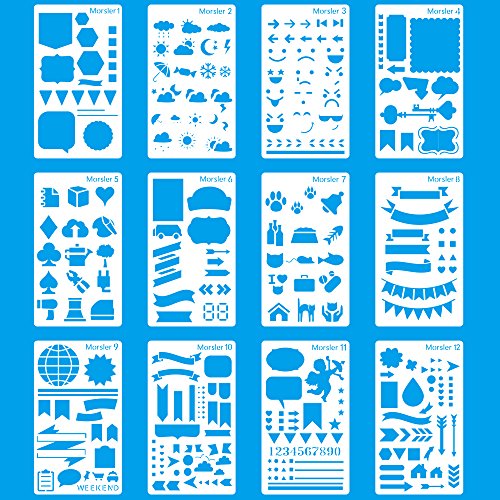 MORSLER Plantillas de plástico para diario, cuaderno, diario, álbumes de recortes, proyectos de arte, cuaderno de planificación, plantilla de dibujo 12 Pcs