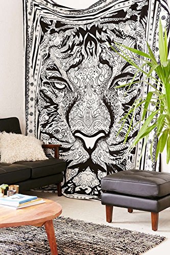 Exklusiv handgefertigt schwarz und weiß Tiger Wandteppich, Tapisserie, Indian-Mandala Wandbehang Bohemian Boho Größe 8494 durch raajsee - 2