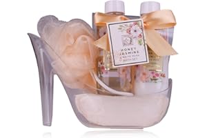 Accentra Zestaw prysznicowy dla kobiet, zestaw upominkowy Honey Jasmin w pięknych czółenkach – 3-częściowy zestaw do pielęgnacji z żelem pod prysznic, balsamem do ciała i gąbką do kąpieli – zestaw na