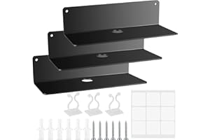 OIJOIYOI 3 Pcs Acrylic Floating Shelves, Wall Mounted Display Shelf Self Adhesive, Wall Storage Shelves for Bathroom Office Picture Ledge Book Plant Speaker, with Cable Clips, Stickers, Screws, Black