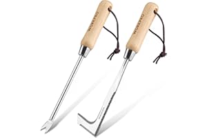 WORKPRO 2 Pièces Desherbeur Manuel, Couteau Désherbeur, Désherbeur Manuel en Acier Inoxydable avec Poignée Bois, Arrache Mauvaise Herbe, Outil Désherbage pour Jardin