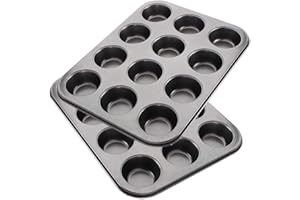 Tebery 2 Pezzi Teglia Antiaderente in Acciaio al Carbonio, Teglia Antiaderente per Muffin, 12 stampi per Muffin con conduzione Termica, Diametro: 5 cm