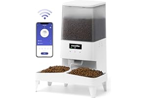 FUKUMARU Automatyczny karmnik dla kotów, 5 l, WiFi z podwójną miską, automatyczny karmnik dla kotów z dostosowanym harmonogramem, zasilanie bateryjne i przewodowe elektryczne, biały, duży